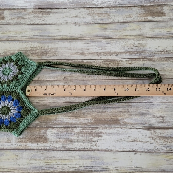 Handmade Crochet Granny Square Hexagon Boho Shoulder Bag Tote Green Blue Gray - Picture 8 of 8